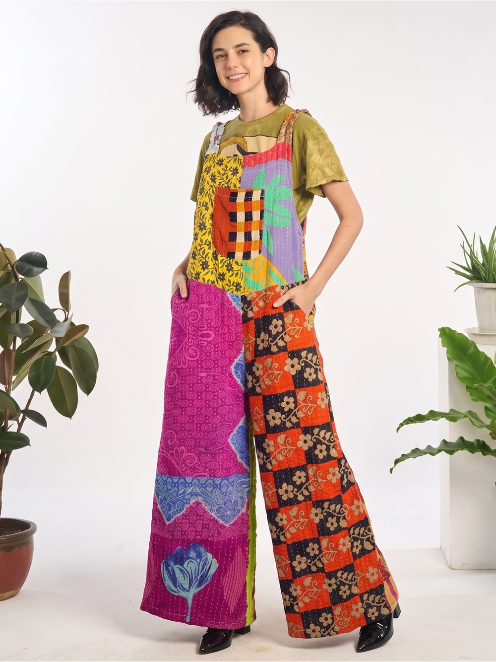 NWT KATHMANDU Genuine Kantha Patchwork Wide Leg Overalls 100% Cotton, O/S